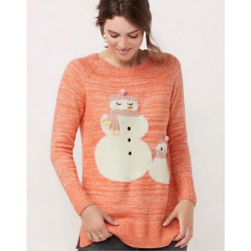 LC LAUREN CONRAD Sweater Small Coral Orange Snowman Graphic Christmas